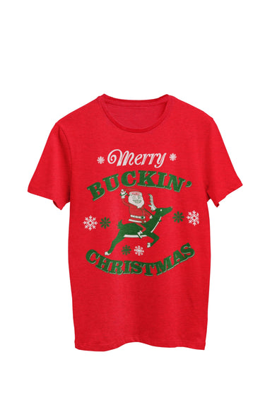 Red Heather Unisex T-shirt featuring an illustration of Santa riding a reindeer with the text 'Merry Buckin' Christmas.' Designed by WooHoo Apparel.